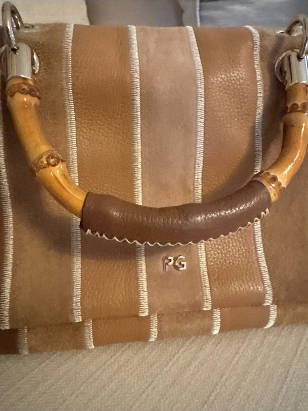 PURIFICACION GARCIA Leather Top-Handle Shoulder Bag in Brown and Tan